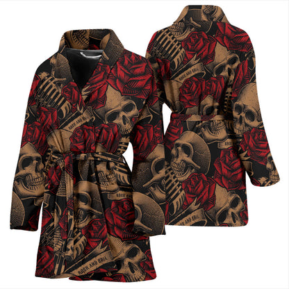Microphone Skull Rose Pattern Print Design 02 Women Bathrobe