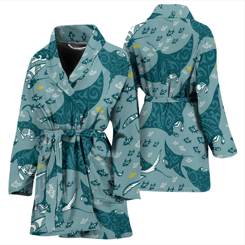 Manta Ray Tribal Pattern Print Design 03 Women Bathrobe