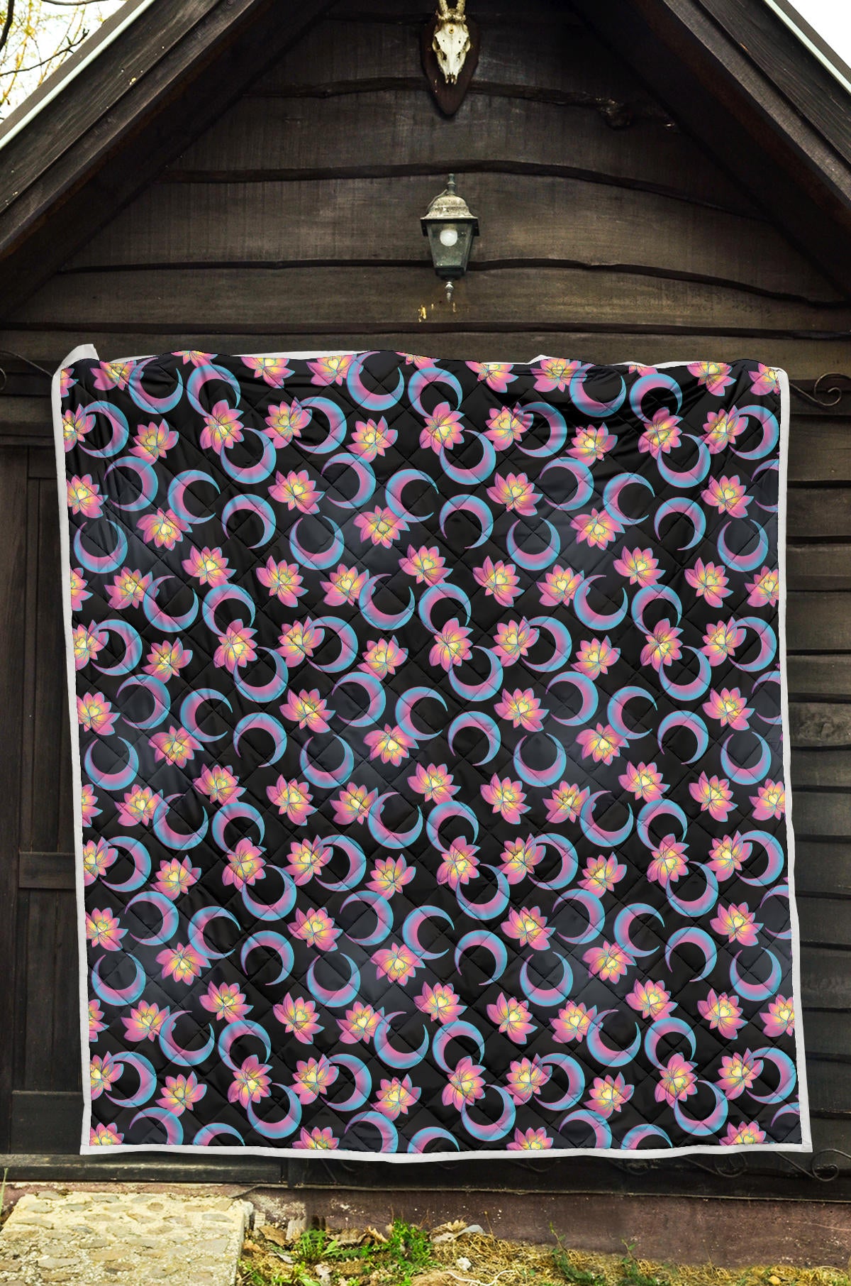 Lotus with Moon Pink Print Themed Quilt Bedspread