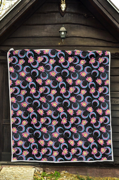 Lotus with Moon Pink Print Themed Quilt Bedspread