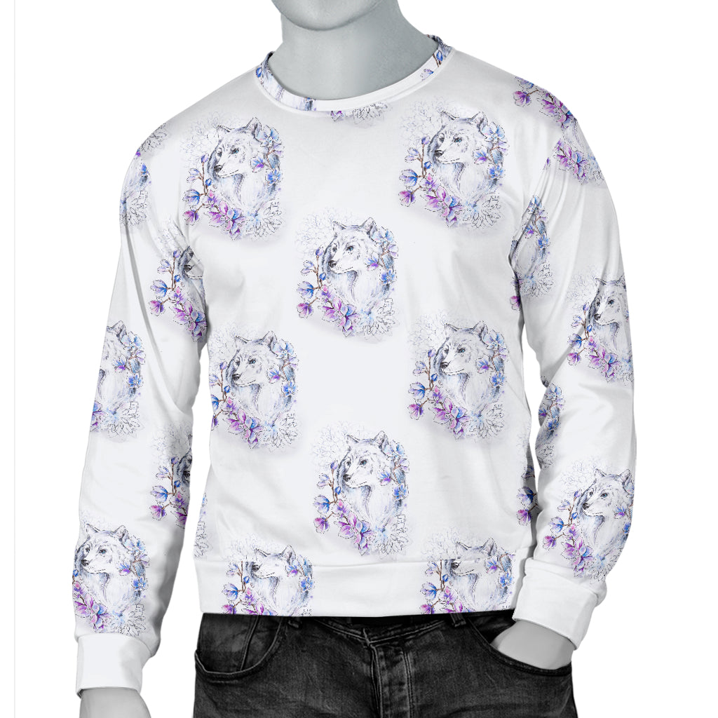 Wolf with Flower Print Design Men Long Sleeve Sweatshirt