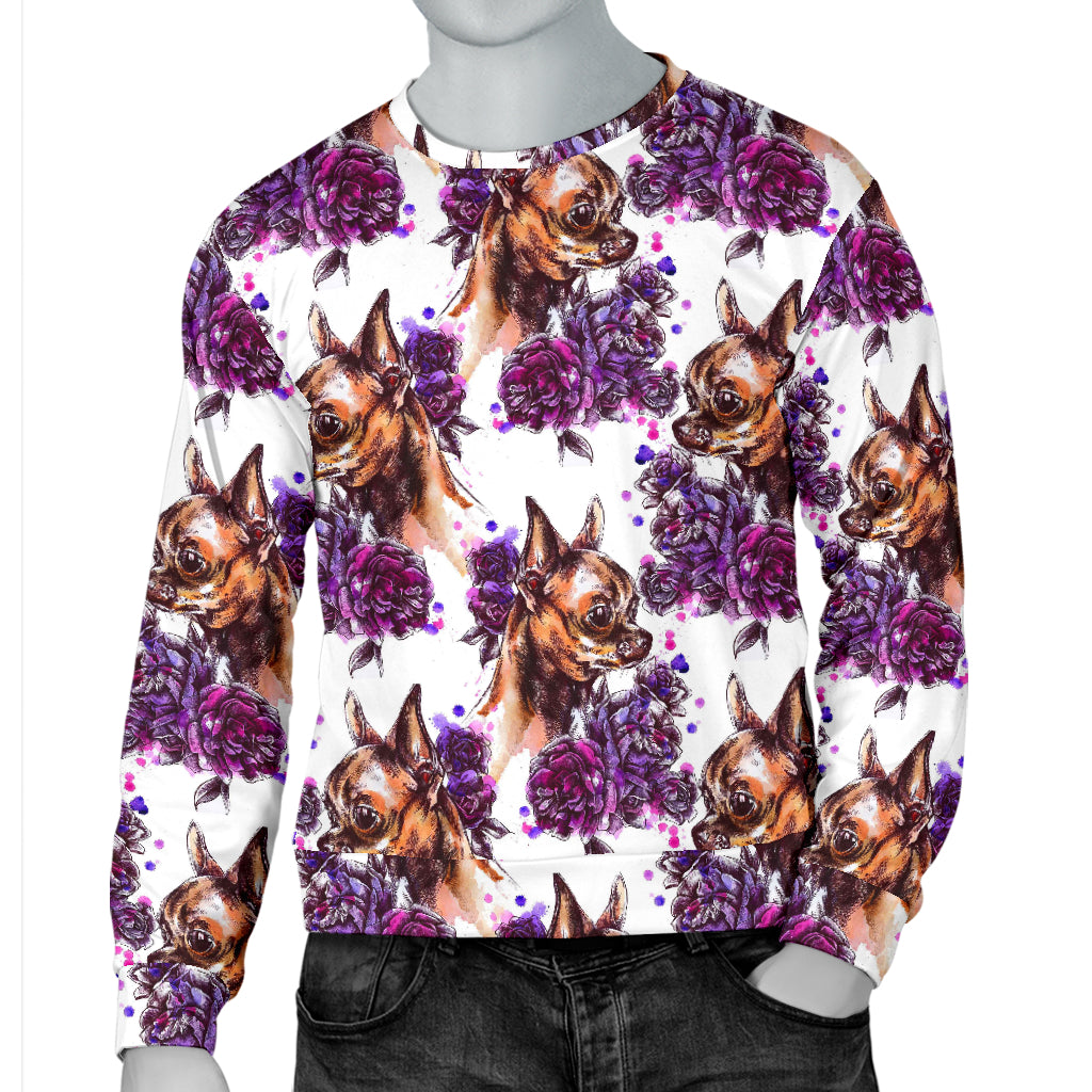 Chihuahua Purple Floral Men Long Sleeve Sweatshirt