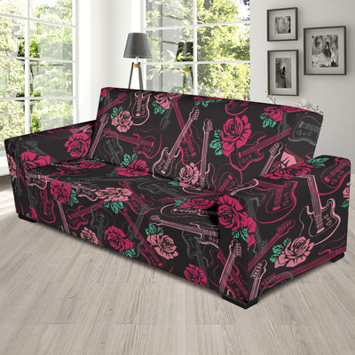 Bass Guitar Pink Rose Pattern Print Design 01 Sofa Slipcover