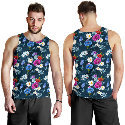 Floral Blue Themed Print Men Tank Top