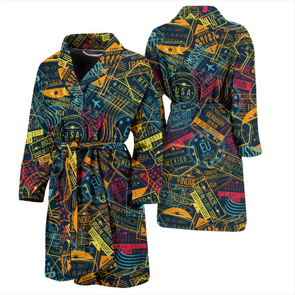 Travel Stamp Colorful Print Design LKS304 Men Bathrobe