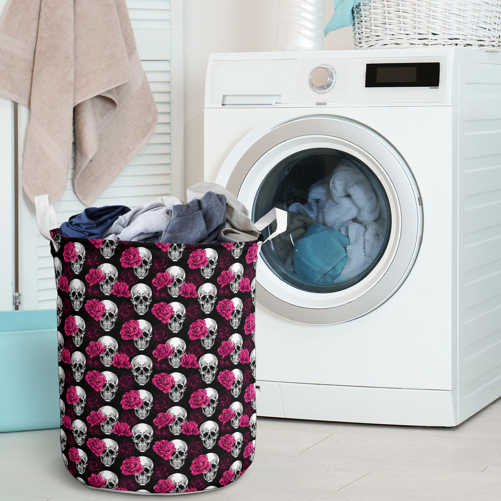 Pink Rose Skull Themed Print Laundry Basket