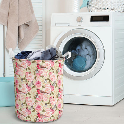 Bird Butterfly Pink Flower Print Pattern Laundry Basket