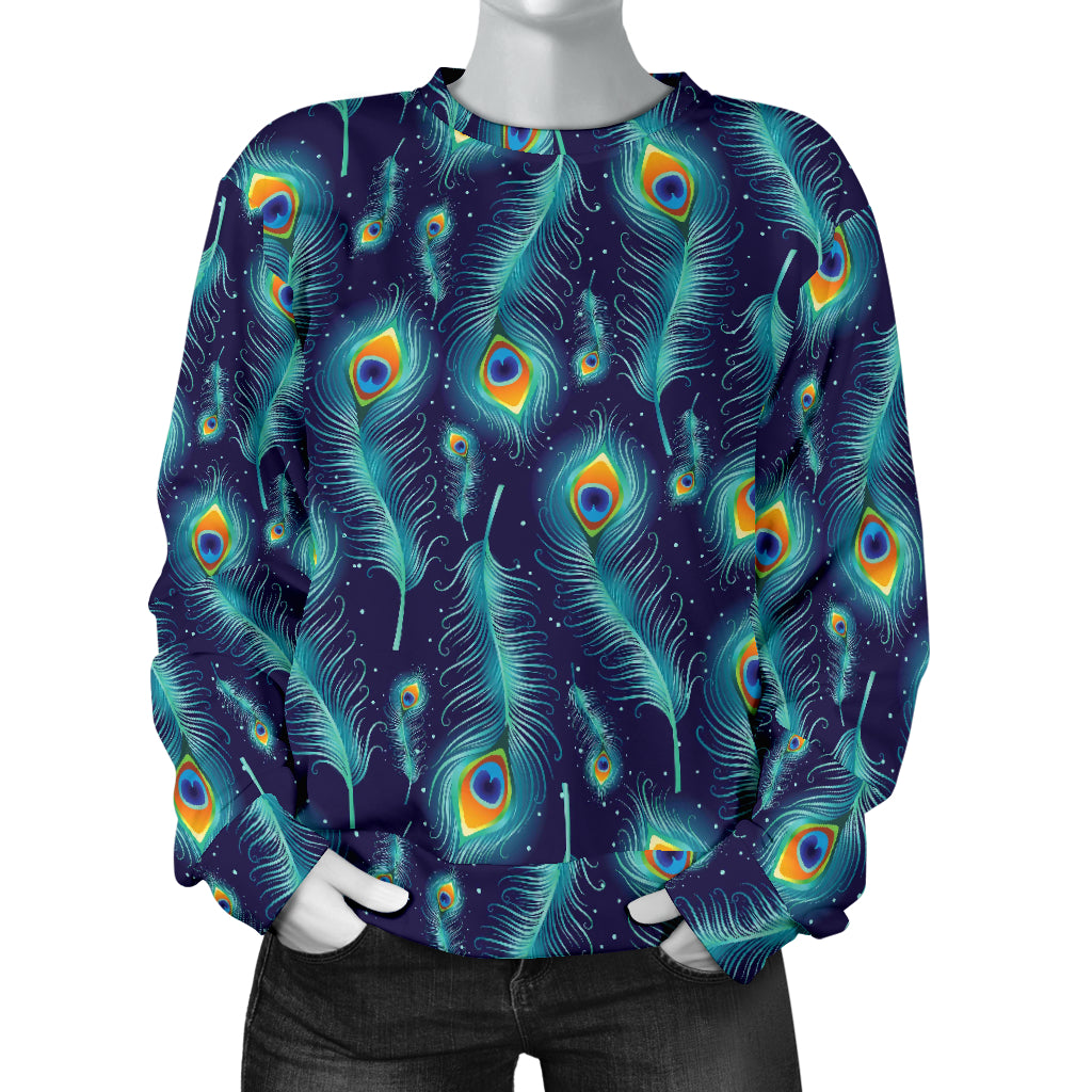 Peacock Feather Blue Design Print Women Long Sleeve Sweatshirt