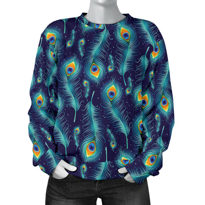 Peacock Feather Blue Design Print Women Long Sleeve Sweatshirt