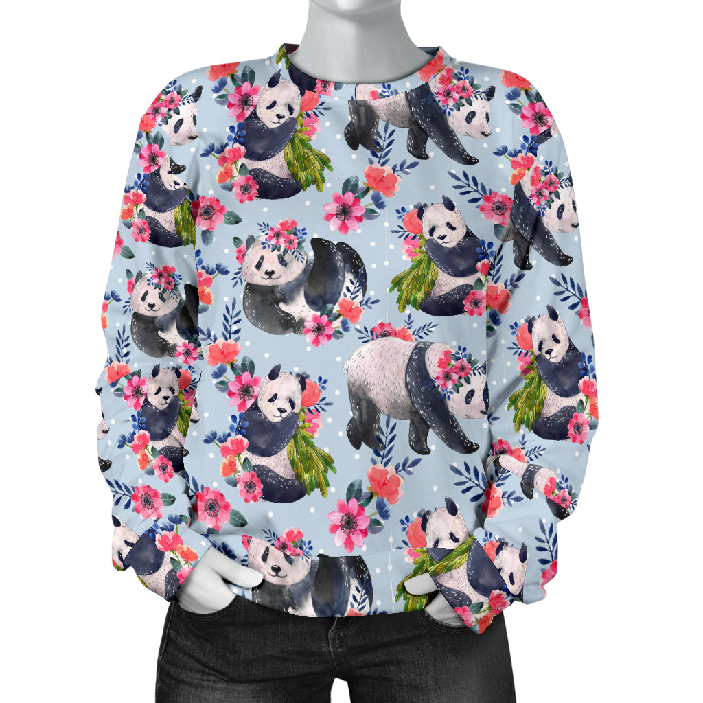 Panda Bear Flower Design Themed Print Women Long Sleeve Sweatshirt