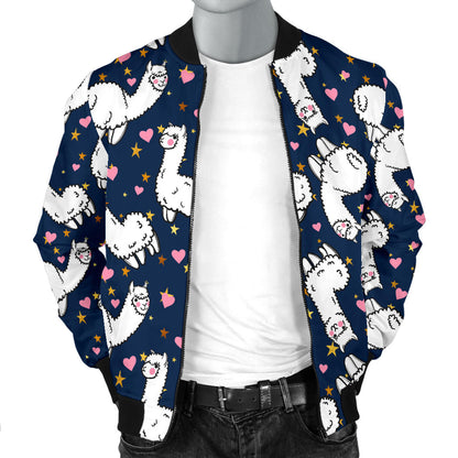 Alpaca Heart Star Design Themed Print Men Bomber Jacket