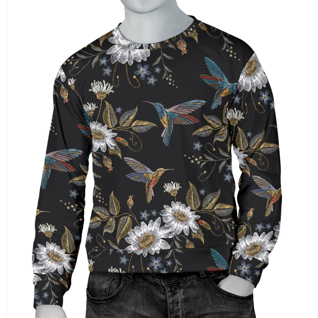 Hummingbird with Embroidery Themed Print Men Long Sleeve Sweatshirt