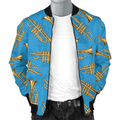Trumpet Golden Pattern Themed Print Men Bomber Jacket