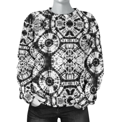 Tie Dye Black White Design Print Women Long Sleeve Sweatshirt