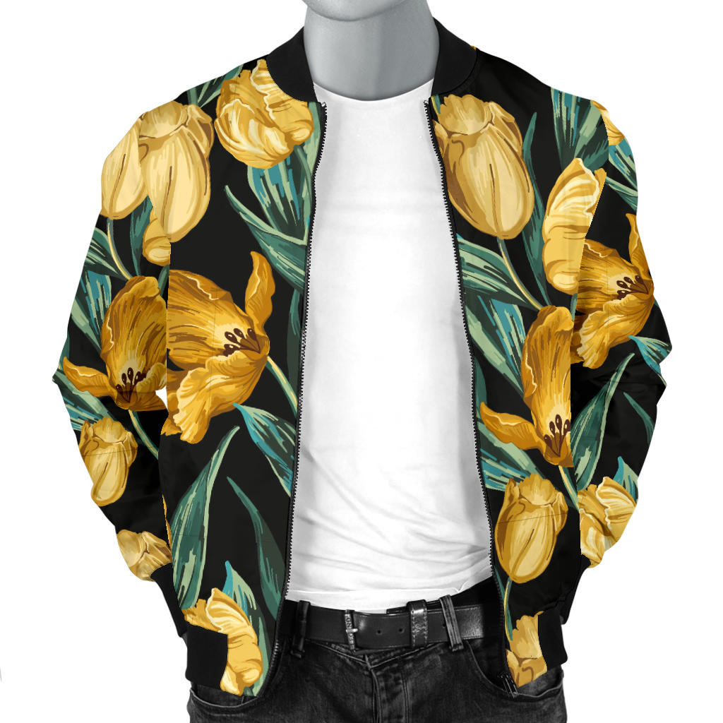 Elegant Yellow Tulip Print Men Bomber Jacket