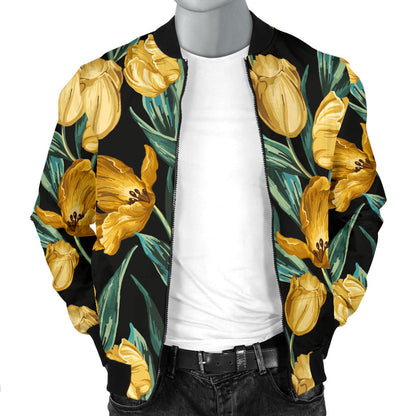 Elegant Yellow Tulip Print Men Bomber Jacket