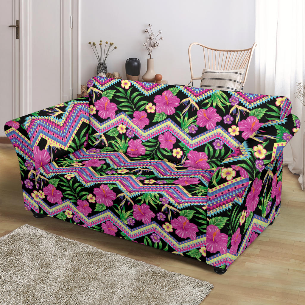 Hibiscus Pink Zigzag Line Pattern Design LKS307 Loveseat Couch Slipcover