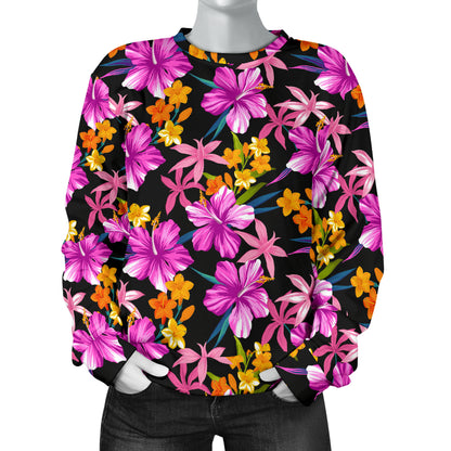 Tropical Folower Pink Hibiscus Print Women Long Sleeve Sweatshirt