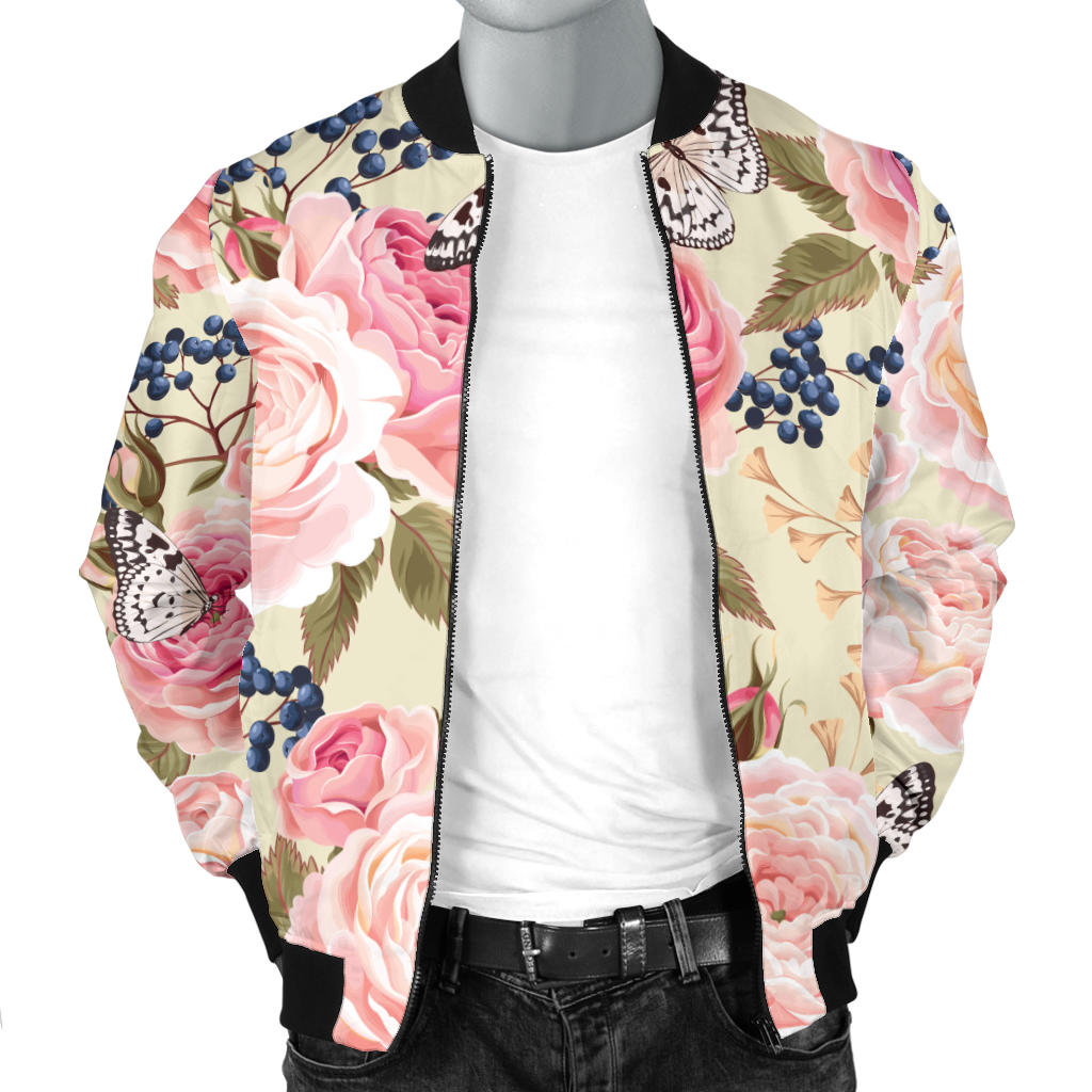 Floral Pink Butterfly Print Men Bomber Jacket