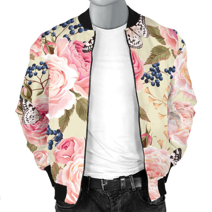 Floral Pink Butterfly Print Men Bomber Jacket