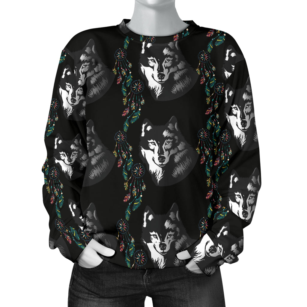 Wolf Black Dream Catcher Design Print Women Long Sleeve Sweatshirt