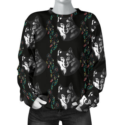 Wolf Black Dream Catcher Design Print Women Long Sleeve Sweatshirt