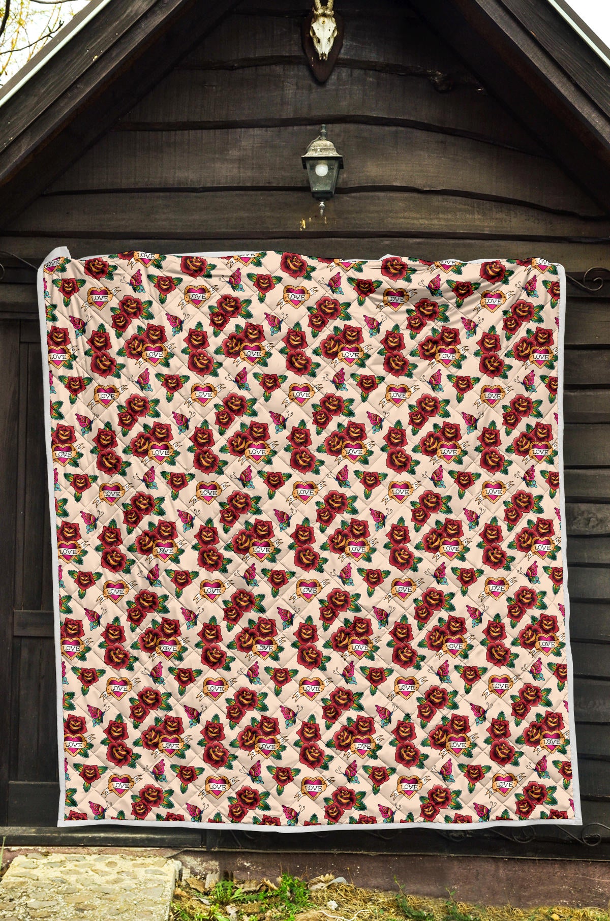 Old School Tattoo Rose Pattern Quilt Bedspread