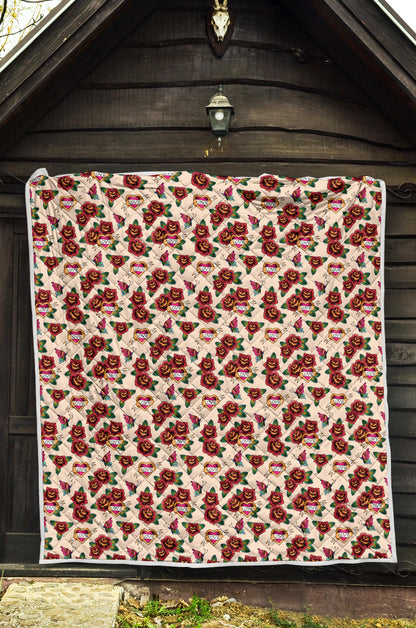Old School Tattoo Rose Pattern Quilt Bedspread