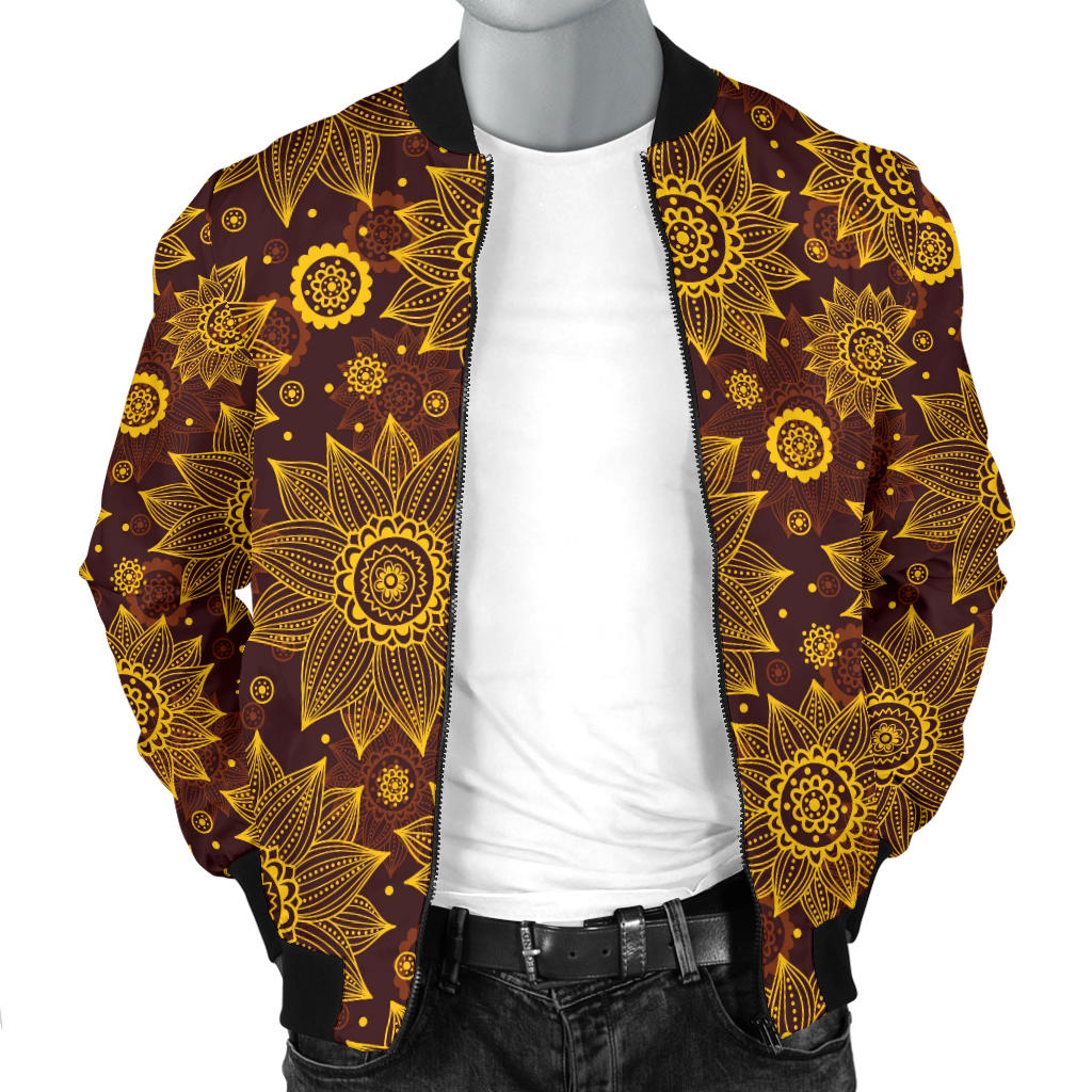 Gold Sunflower Hand Drawn Print Men Bomber Jacket