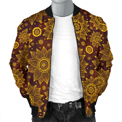 Gold Sunflower Hand Drawn Print Men Bomber Jacket