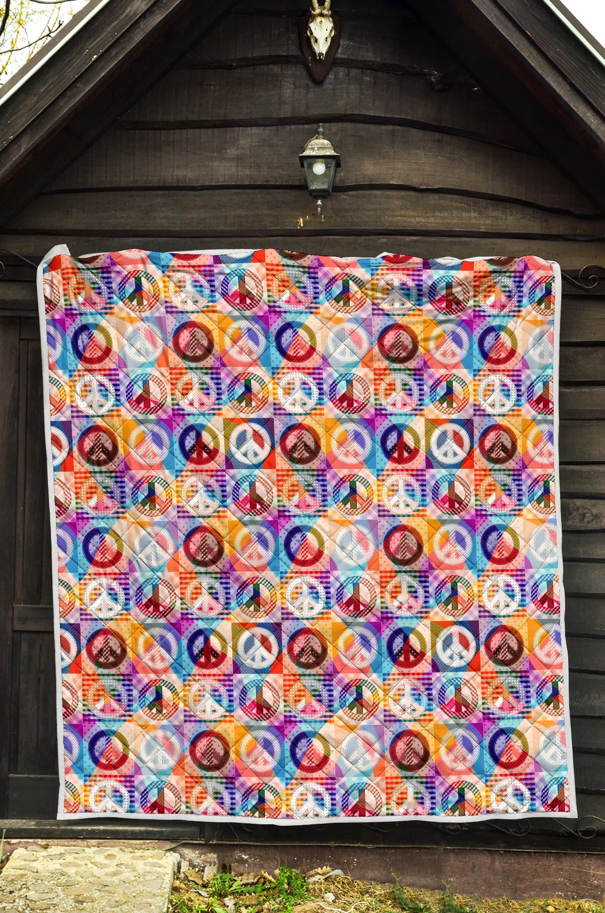Peace Sign Patchwork Design Print Quilt Bedspread