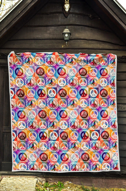 Peace Sign Patchwork Design Print Quilt Bedspread