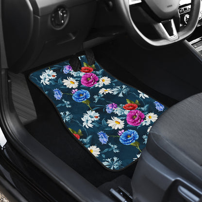Floral Blue Themed Print Car Floor Mats Front Back