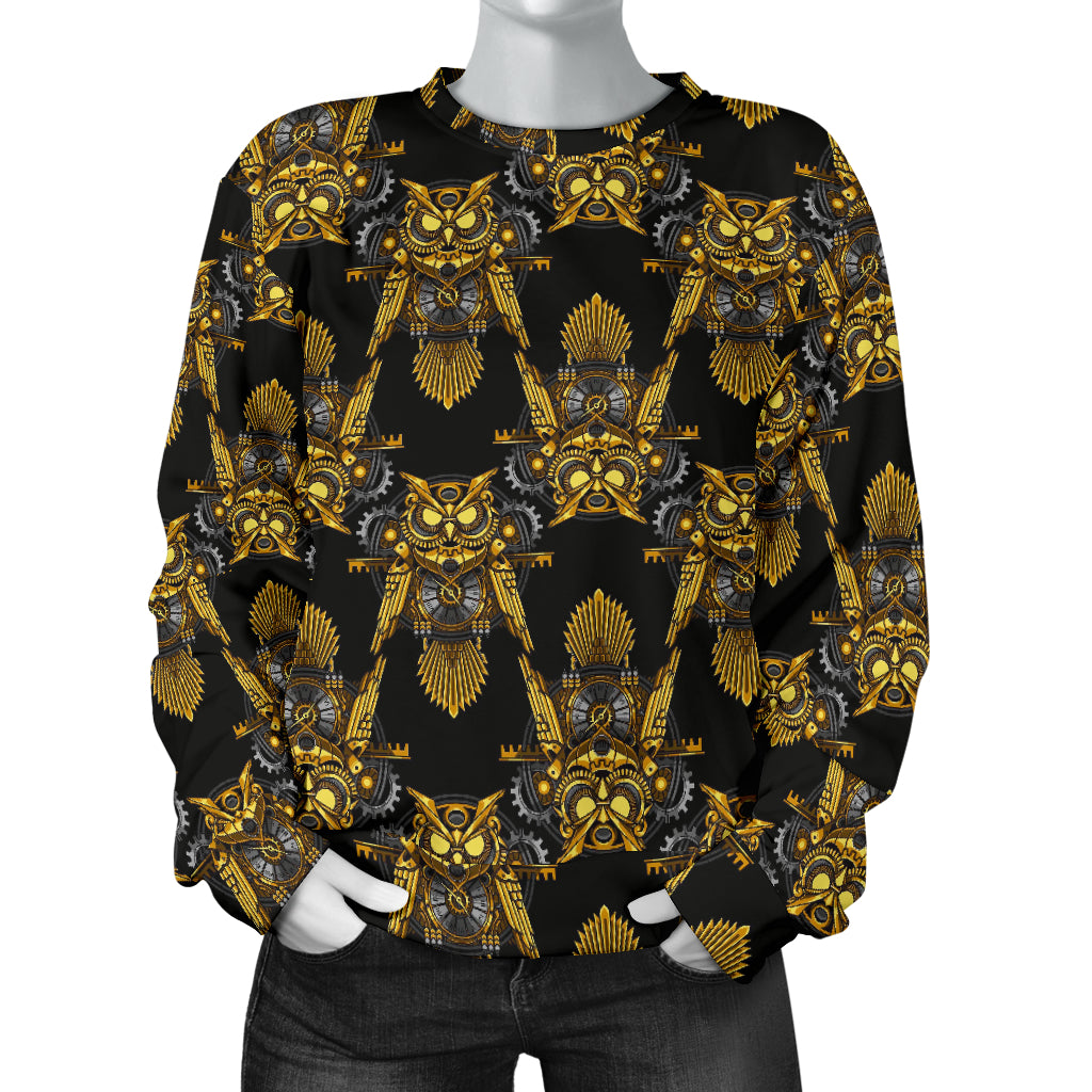Steampunk Gold Owl Design Themed Print Women Long Sleeve Sweatshirt