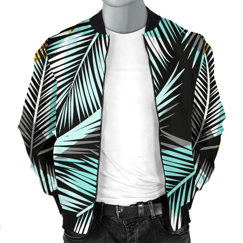 Gold Glitter Cyan Tropical Palm Leaves Men Bomber Jacket