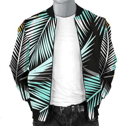 Gold Glitter Cyan Tropical Palm Leaves Men Bomber Jacket