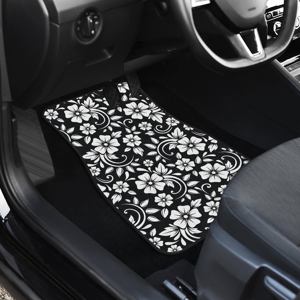 Floral Black White Themed Print Car Floor Mats Front Back