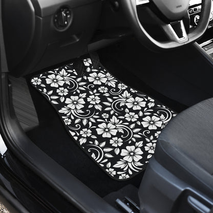 Floral Black White Themed Print Car Floor Mats Front Back