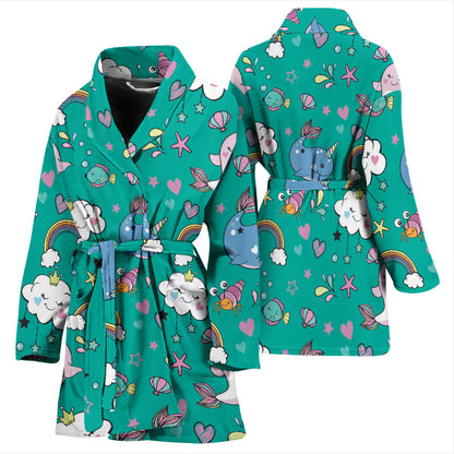 Narwhal Pattern Print Design 04 Women Bathrobe