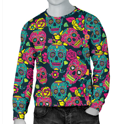 Sugar Skull Floral Design Themed Print Men Long Sleeve Sweatshirt