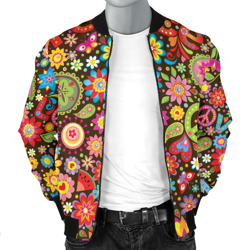 Flower Power Peace Paisley Themed Print Men Bomber Jacket