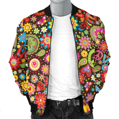 Flower Power Peace Paisley Themed Print Men Bomber Jacket
