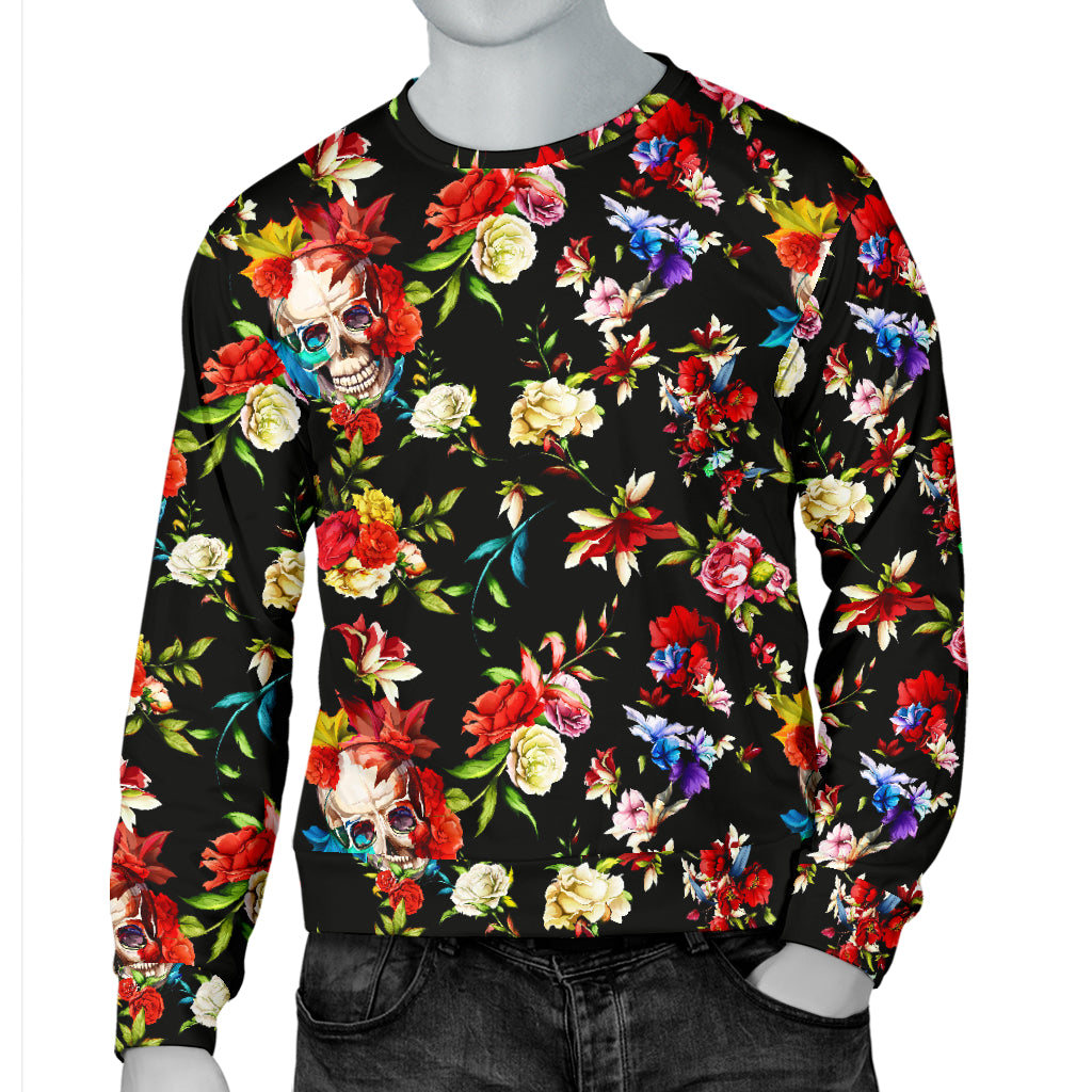 Skull Roses Flower Design Themed Print Men Long Sleeve Sweatshirt