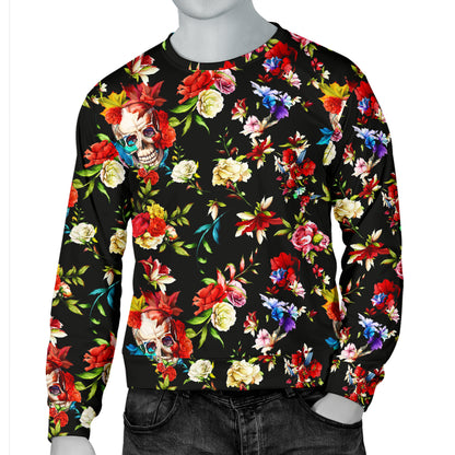 Skull Roses Flower Design Themed Print Men Long Sleeve Sweatshirt