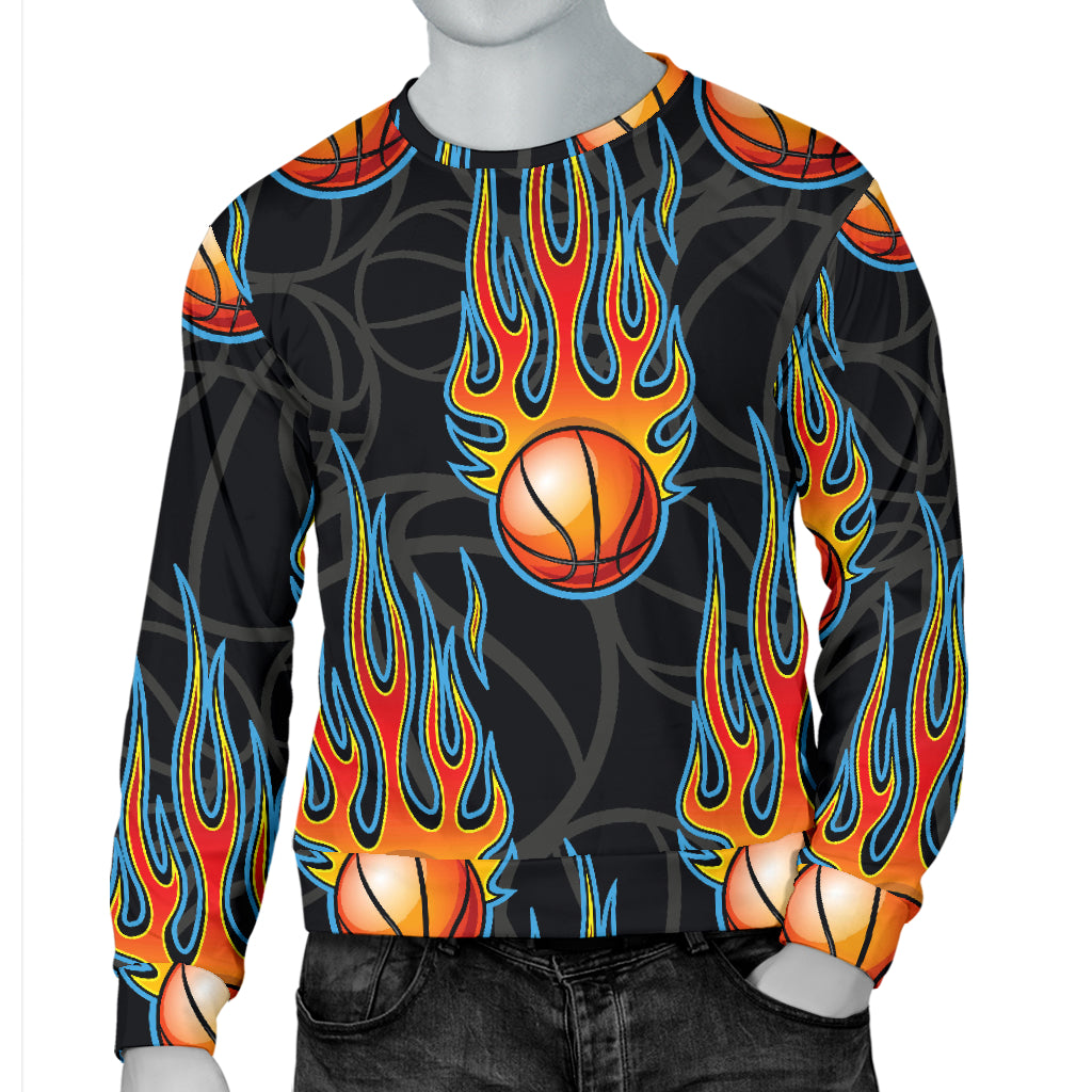 Basketball Fire Print Pattern Men Long Sleeve Sweatshirt