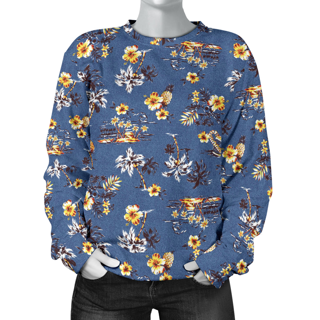 Hawaiian Flower Blue Print Women Long Sleeve Sweatshirt