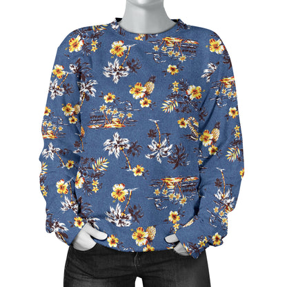 Hawaiian Flower Blue Print Women Long Sleeve Sweatshirt