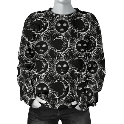 Sun Moon White Design Themed Print Women Long Sleeve Sweatshirt
