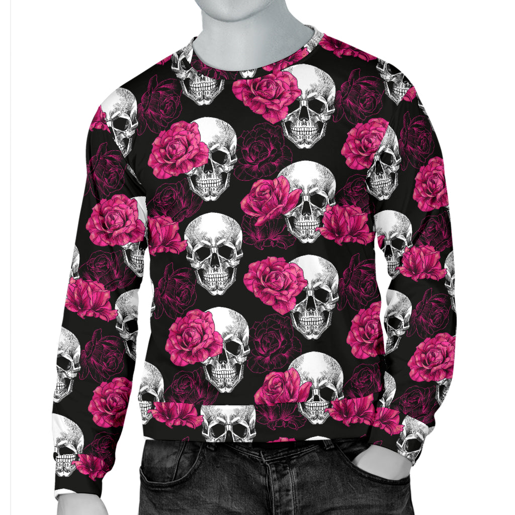 Pink Rose Skull Themed Print Men Long Sleeve Sweatshirt