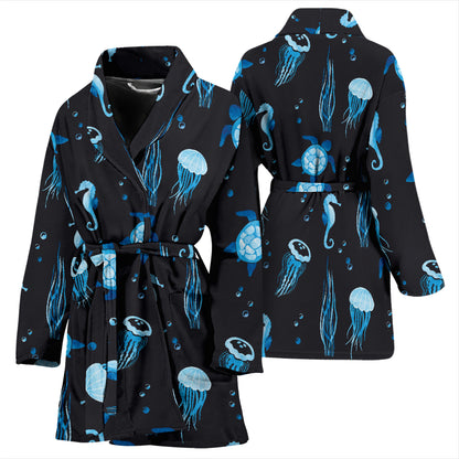 Sea Turtle Jelly Fish Sea Horse Print Design LKS3014 Women Bathrobe